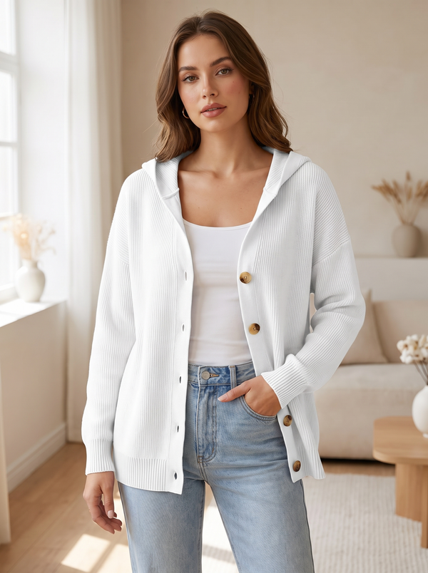 Silky Salt Hooded Button Knit Cardigan in White