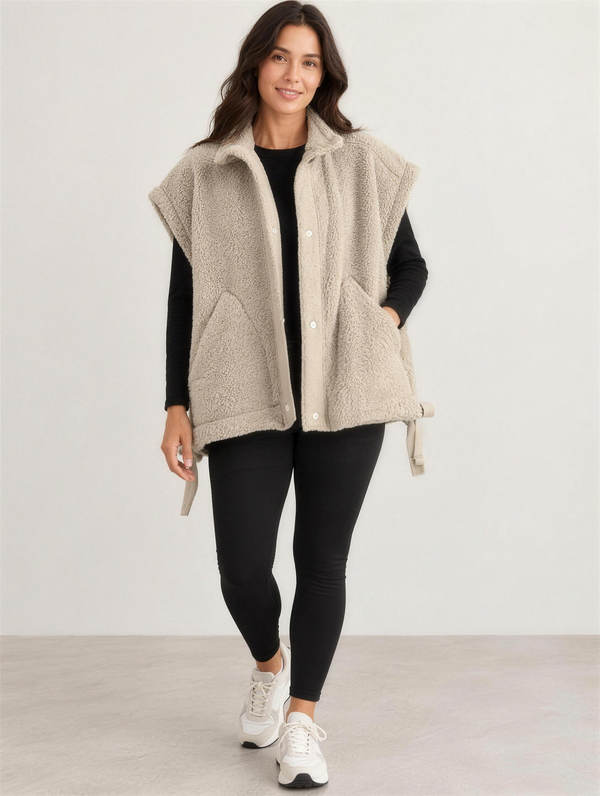 Silky Salt Alder oversized sherpa fleece vest in Beige