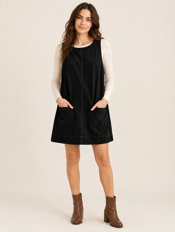 Silky Salt Hollis corduroy pinafore mini dress in Black