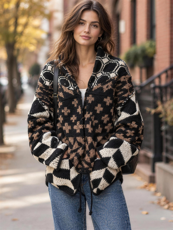 Silky Salt Mosaic geometric shawl-collar cardigan in Black