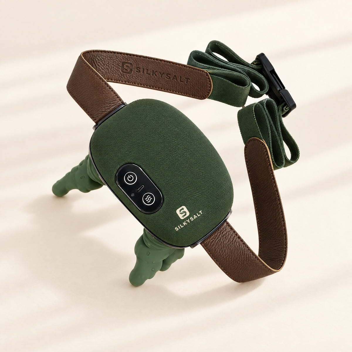 SILKYSALT Hand-Feel Neck & Shoulder Massager in green with leather strap
