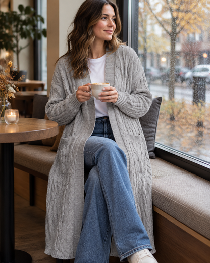 Grey cable-knit maxi cardigan worn in a cozy cafe window seat on a rainy day