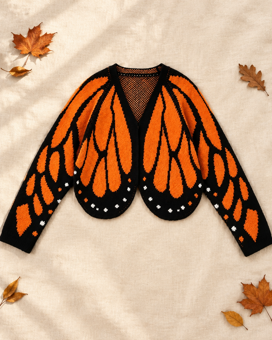 Monarch wing knit cardigan in Orange laid flat on cream linen