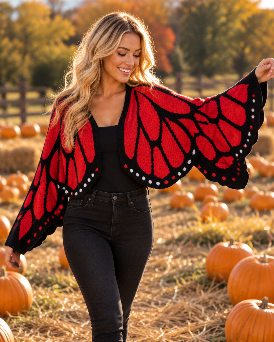 Monarch wing knit cardigan in Red at a pumpkin patch