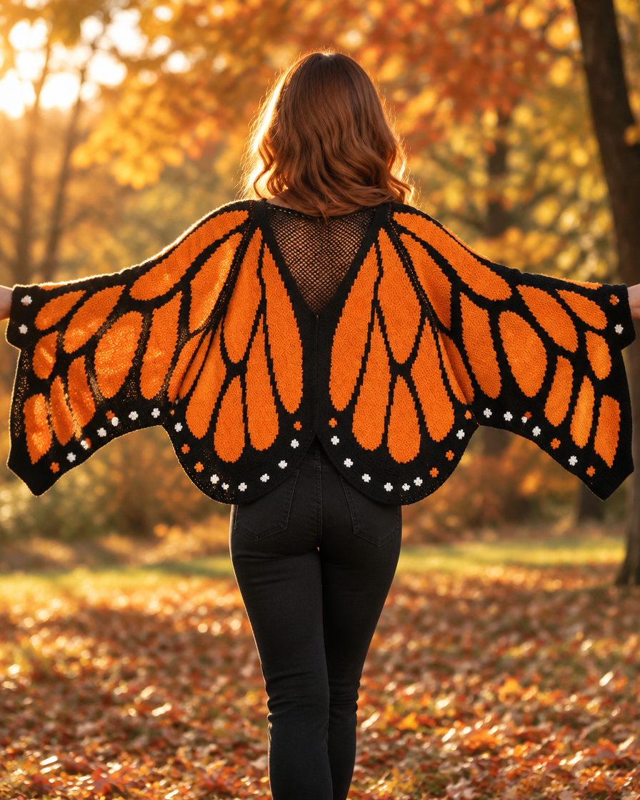 Back view of the Monarch wing cardigan with arms spread showing the full butterfly wing pattern
