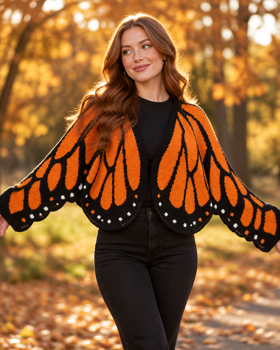 Monarch wing knit cardigan in Orange, worn in an autumn park