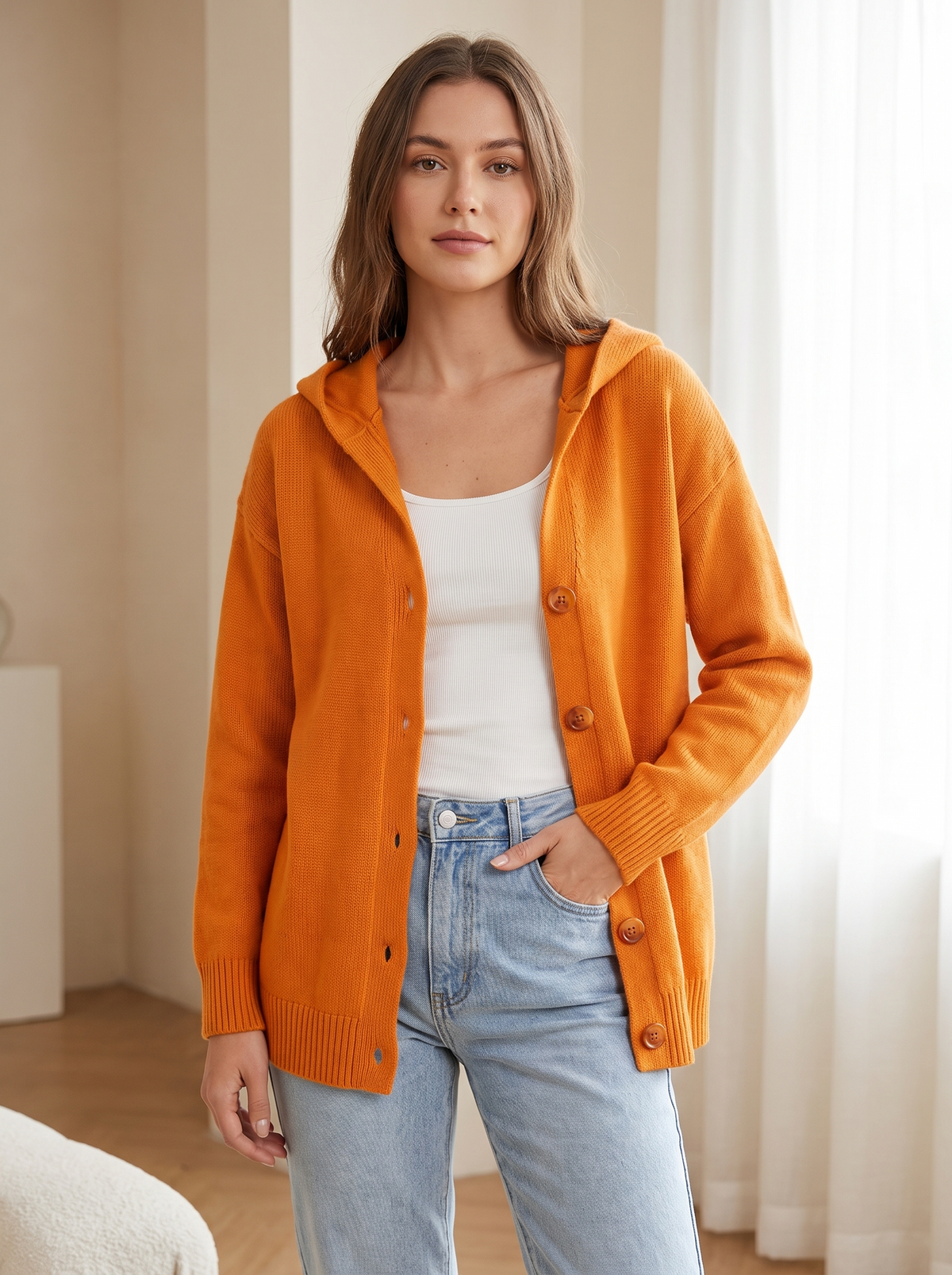 Silky Salt Hooded Button Knit Cardigan in Orange