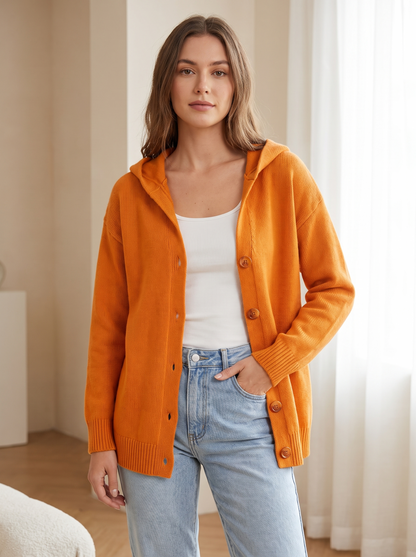 Silky Salt Hooded Button Knit Cardigan in Orange