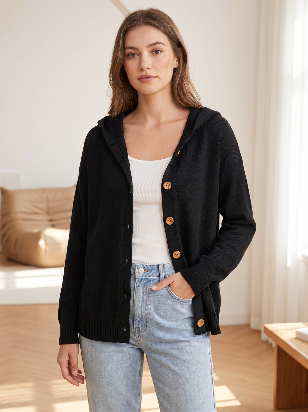 Silky Salt Hooded Button Knit Cardigan in Black