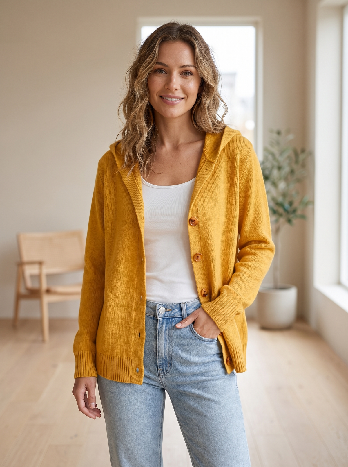 Silky Salt Hooded Button Knit Cardigan in Yellow