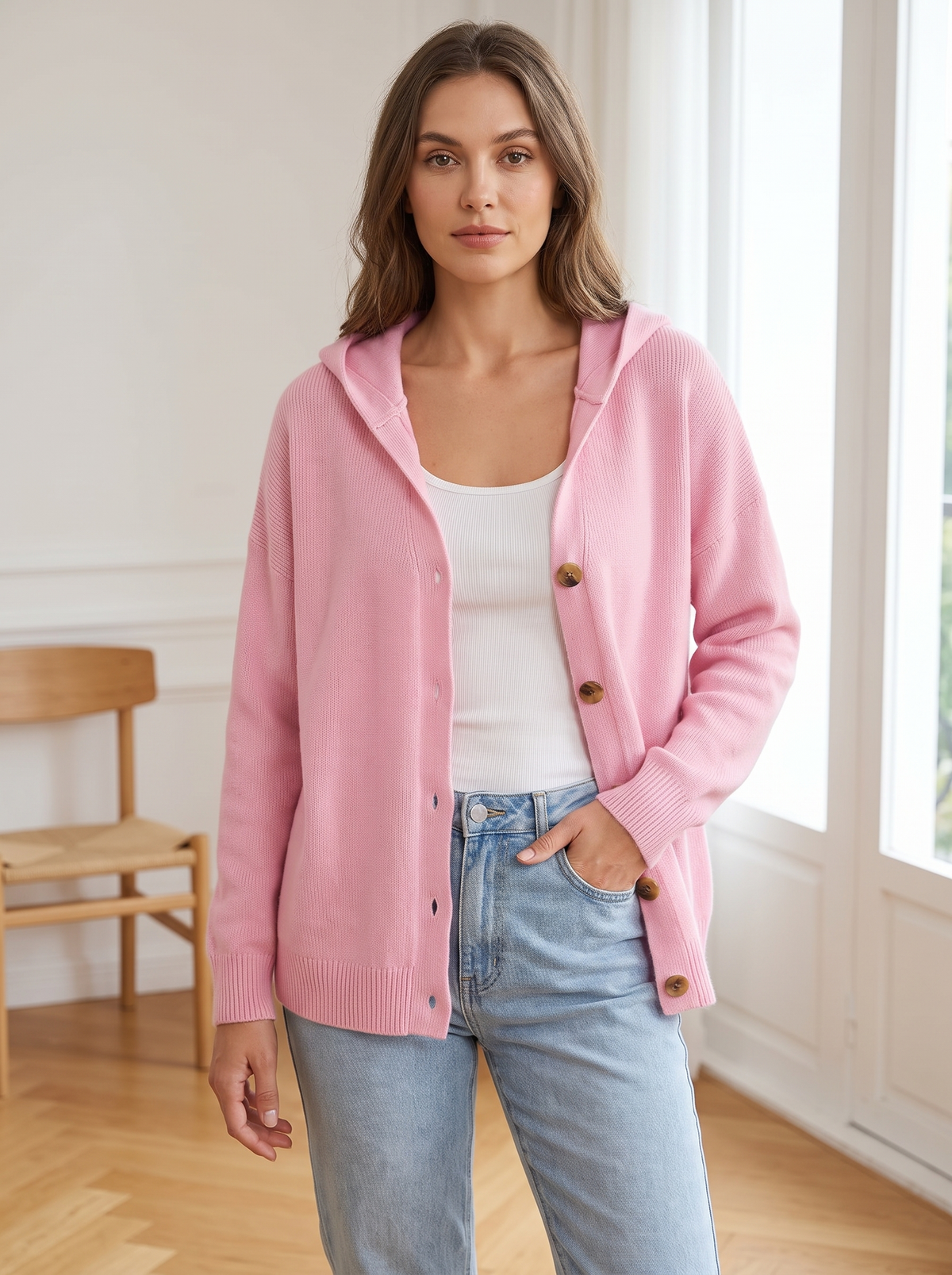 Silky Salt Hooded Button Knit Cardigan in Pink