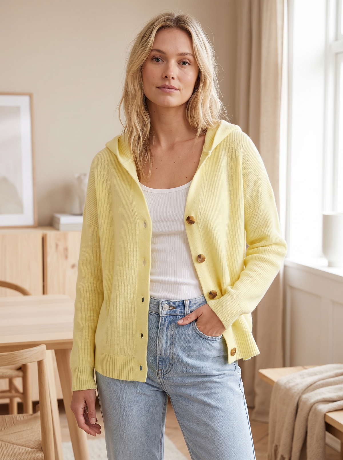 Silky Salt Hooded Button Knit Cardigan in Light Yellow