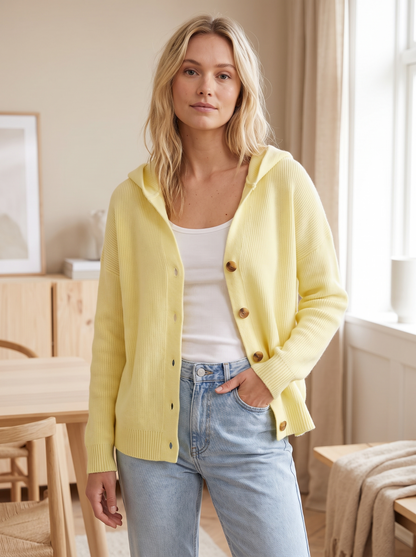 Silky Salt Hooded Button Knit Cardigan in Light Yellow