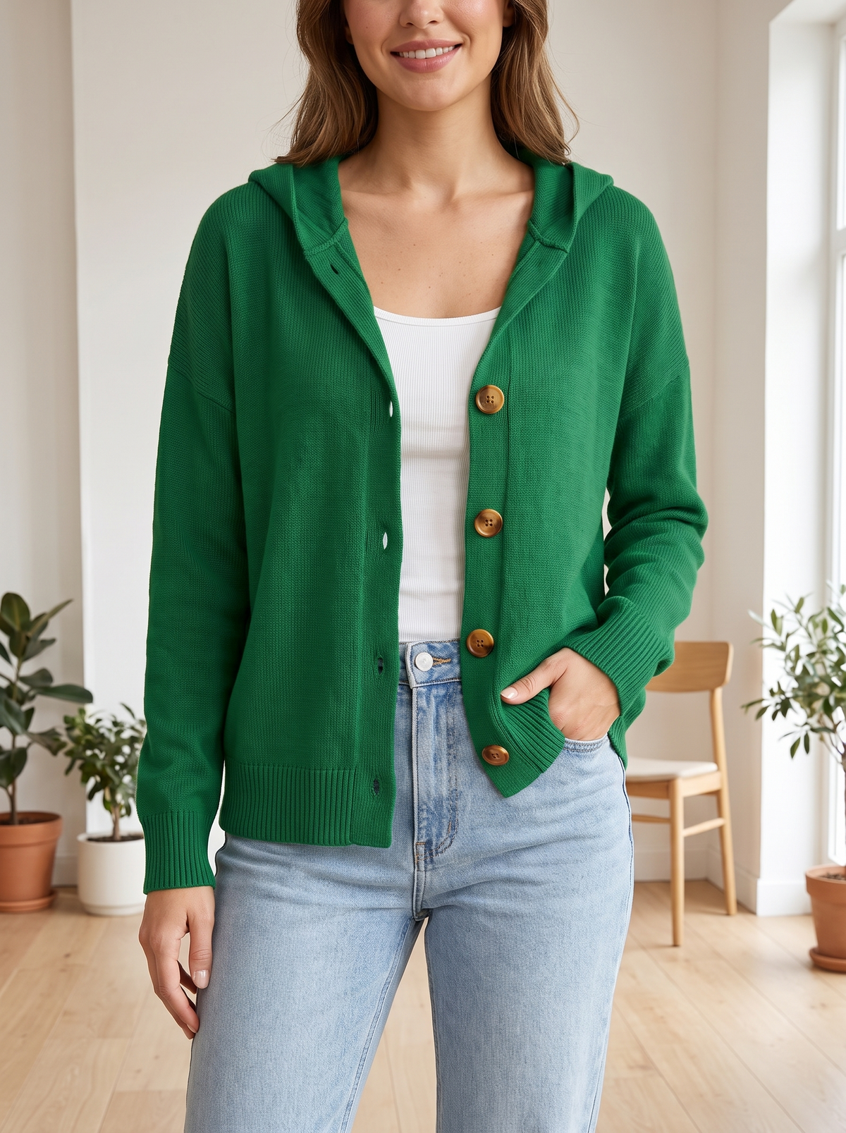Silky Salt Hooded Button Knit Cardigan in Green