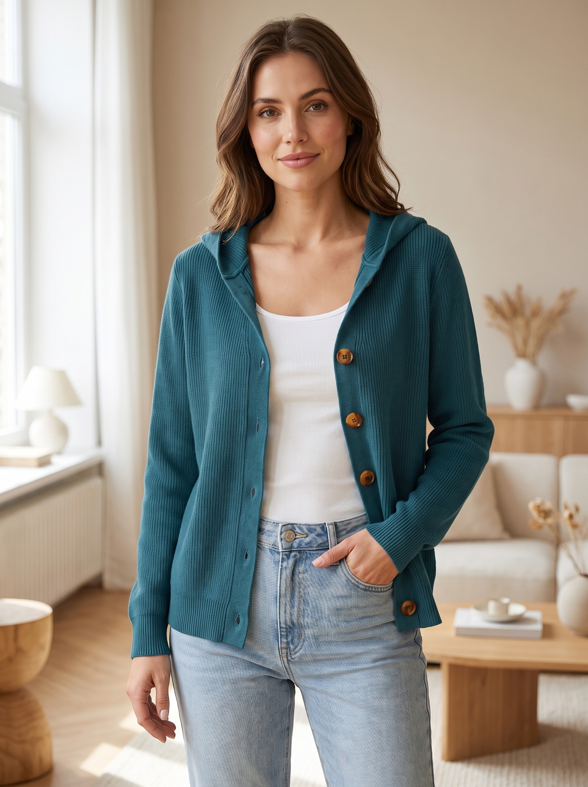 Silky Salt Hooded Button Knit Cardigan in Teal