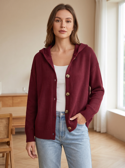 Silky Salt Hooded Button Knit Cardigan in Burgundy