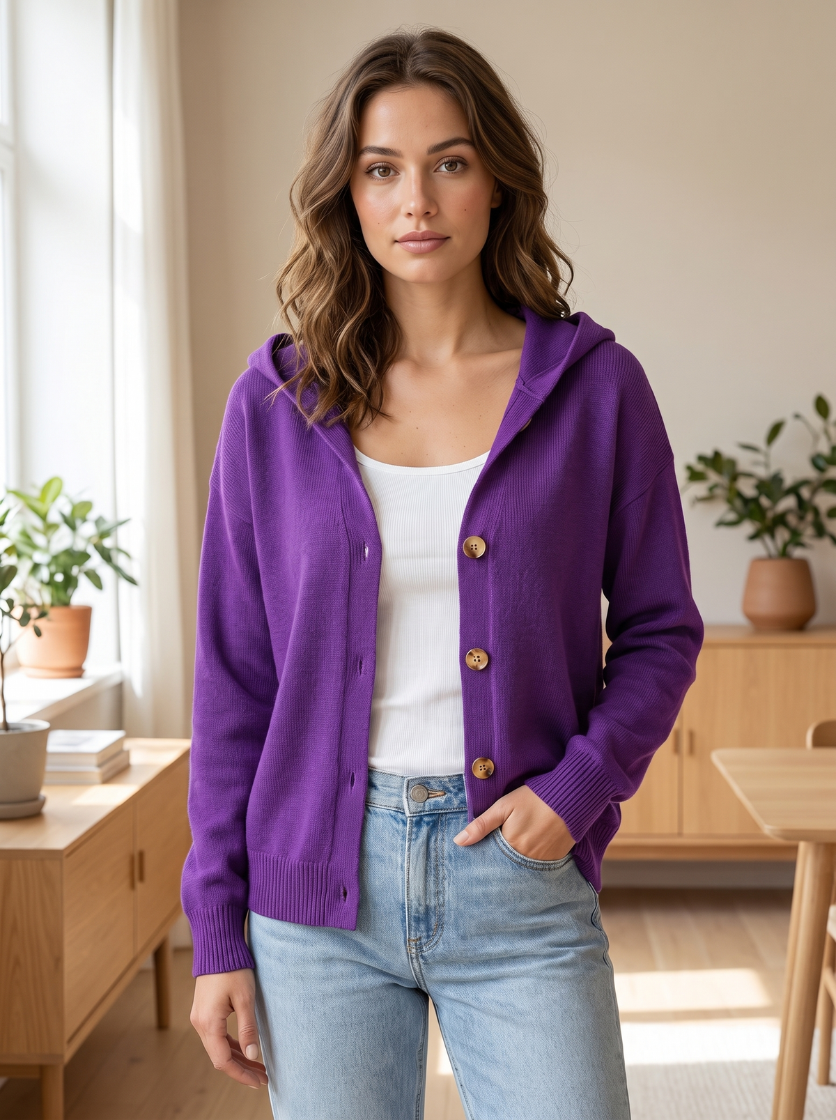 Silky Salt Hooded Button Knit Cardigan in Purple