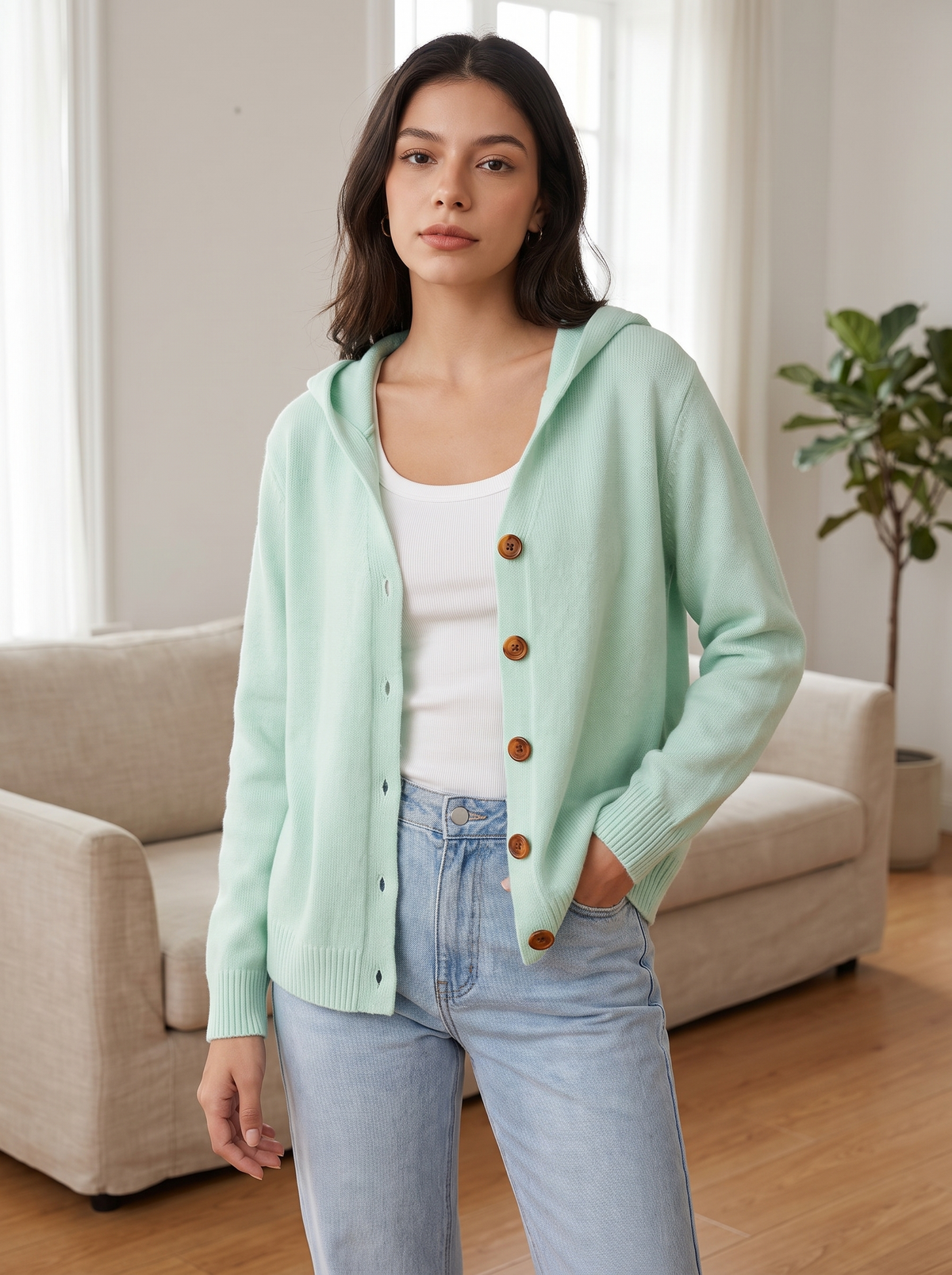Silky Salt Hooded Button Knit Cardigan in Mint