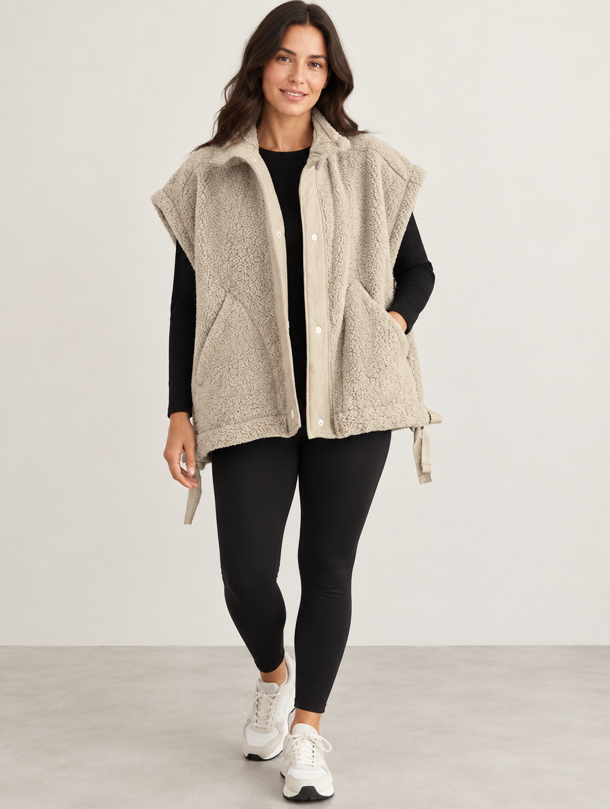 Silky Salt Alder oversized sherpa fleece vest in Beige