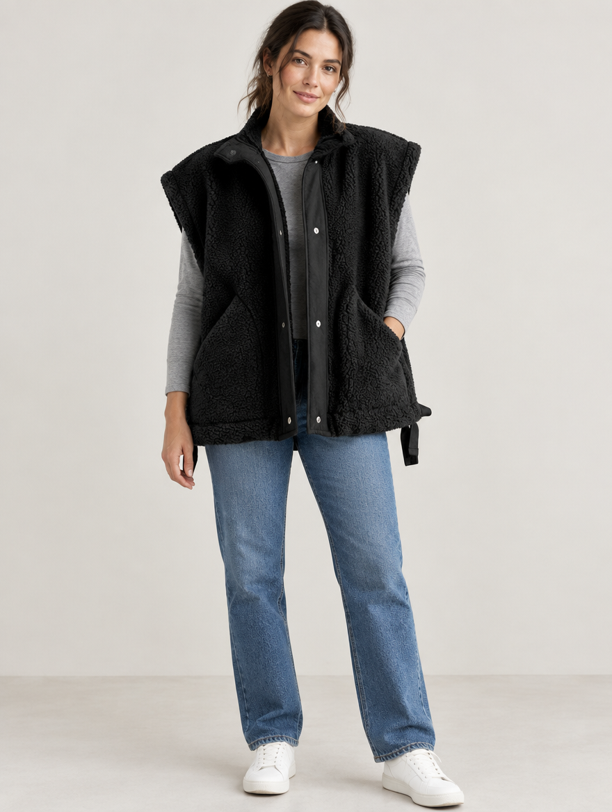 Silky Salt Alder oversized sherpa fleece vest in Black