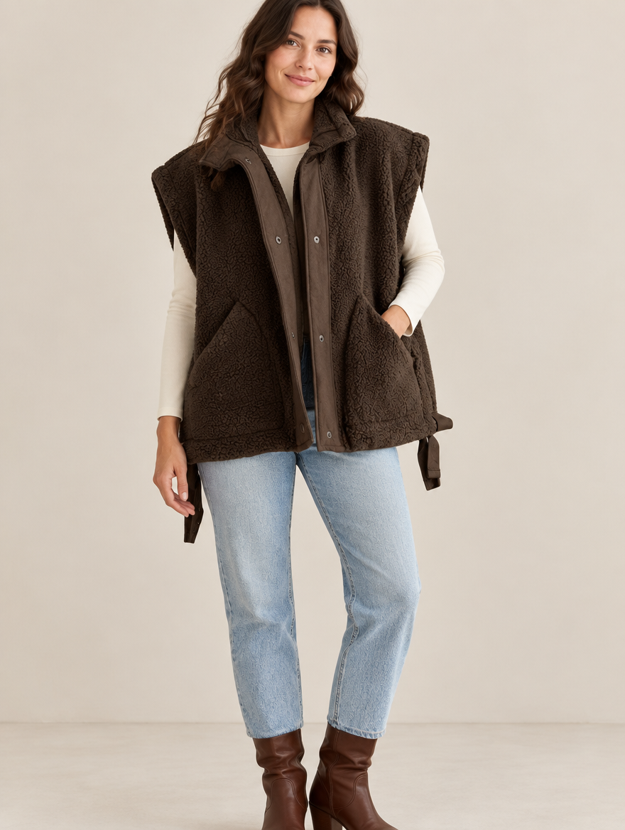 Silky Salt Alder oversized sherpa fleece vest in Coffee