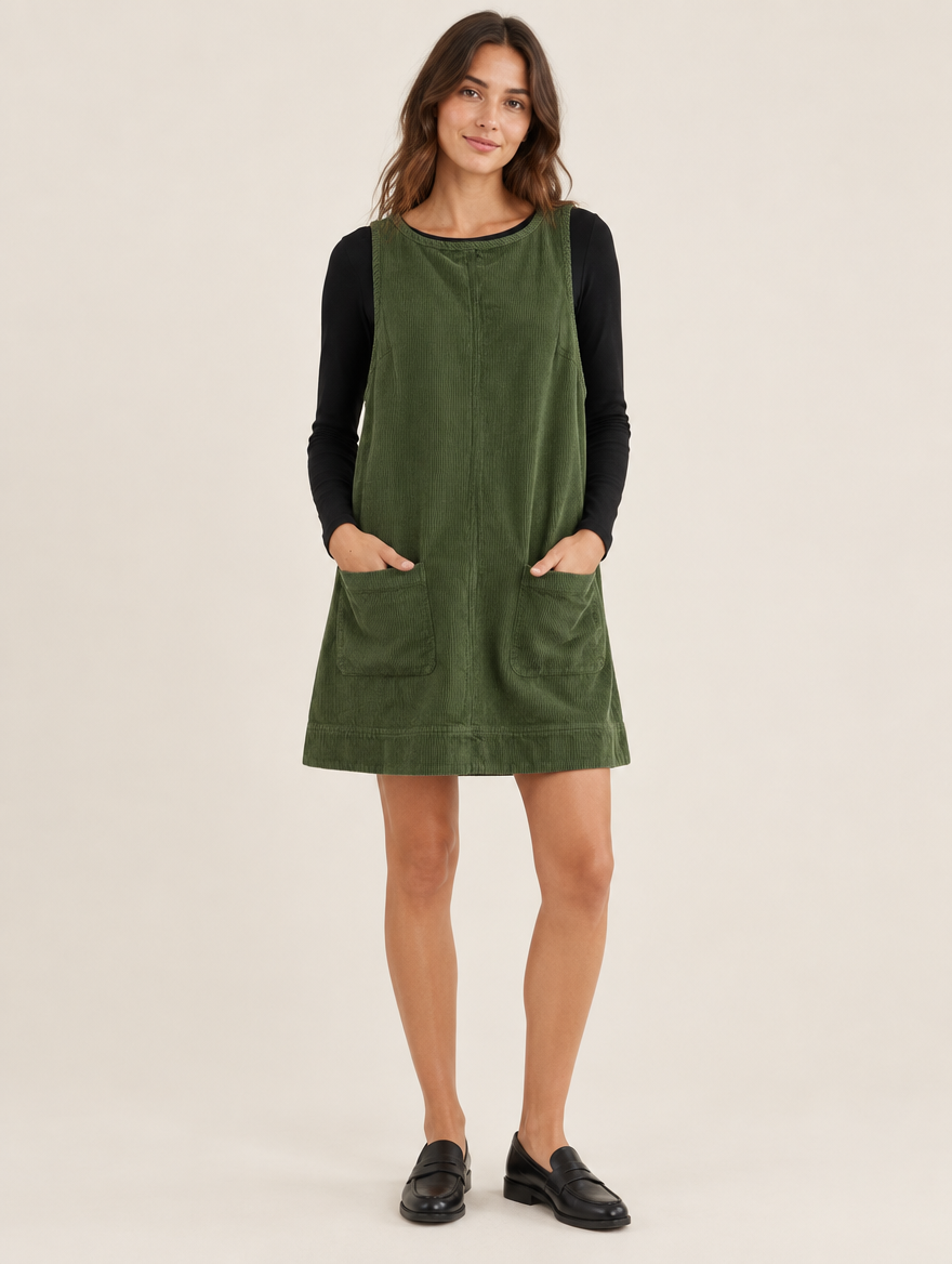Silky Salt Hollis corduroy pinafore mini dress in Army Green