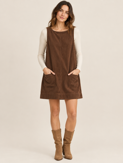 Silky Salt Hollis corduroy pinafore mini dress in Dark Brown