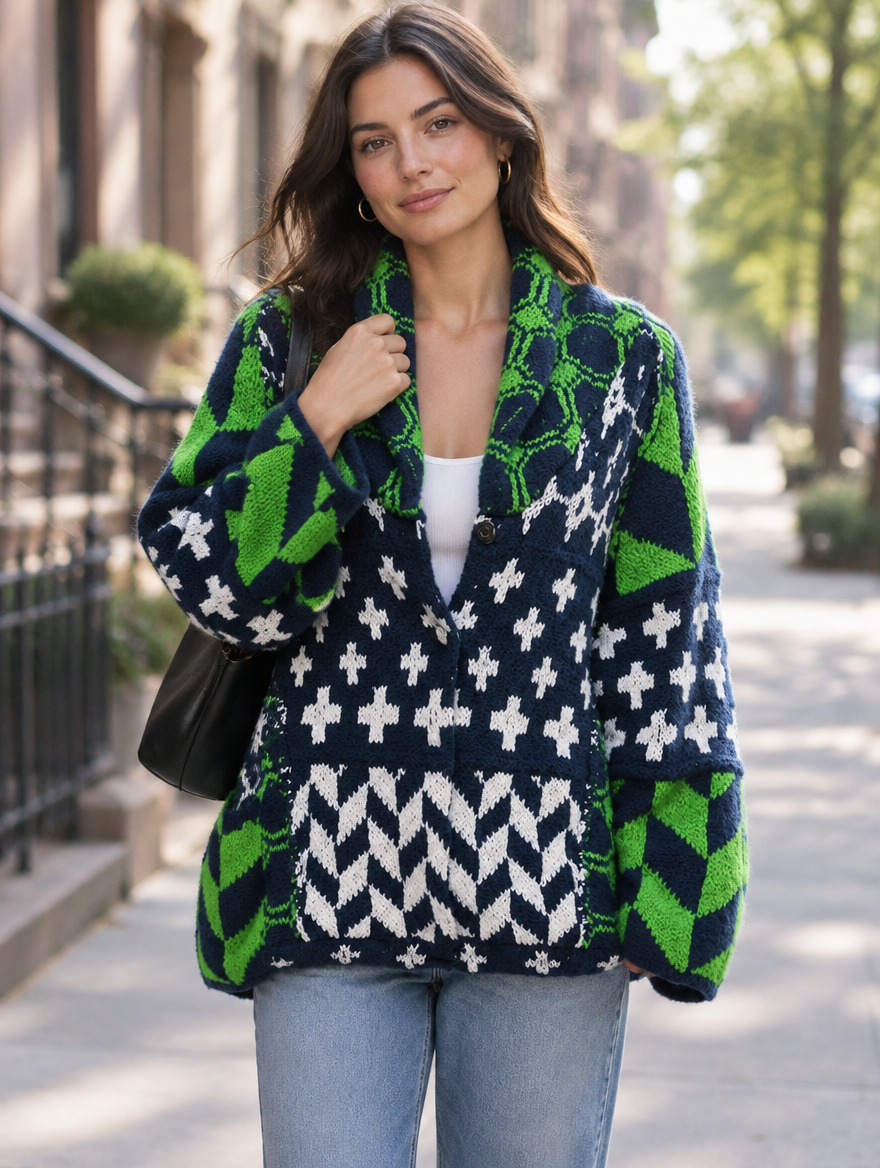 Silky Salt Mosaic geometric shawl-collar cardigan in Green