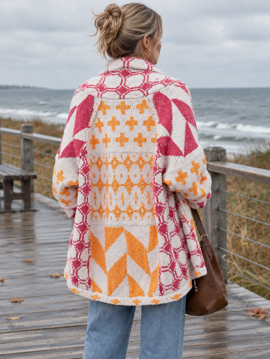 Silky Salt Mosaic geometric shawl-collar cardigan in Rose Red