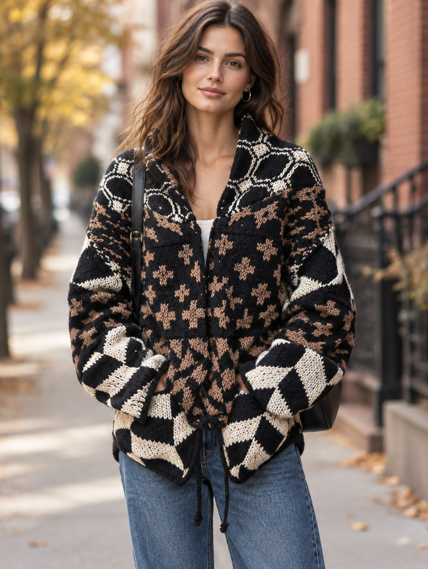 Silky Salt Mosaic geometric shawl-collar cardigan in Black