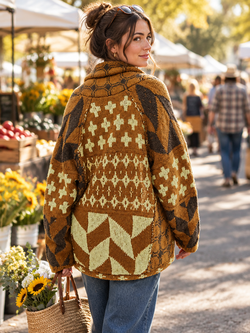 Silky Salt Mosaic geometric shawl-collar cardigan in Ginger Yellow