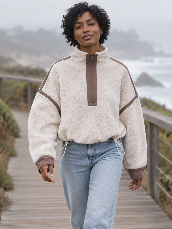 Silky Salt Ridge Half-Zip Sherpa Pullover in Oatmeal / Mocha