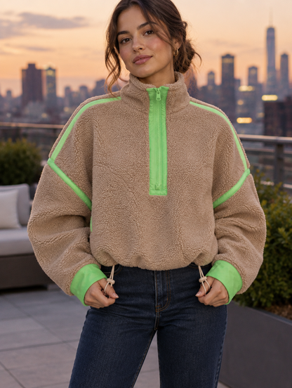 Silky Salt Ridge Half-Zip Sherpa Pullover in Camel / Lime