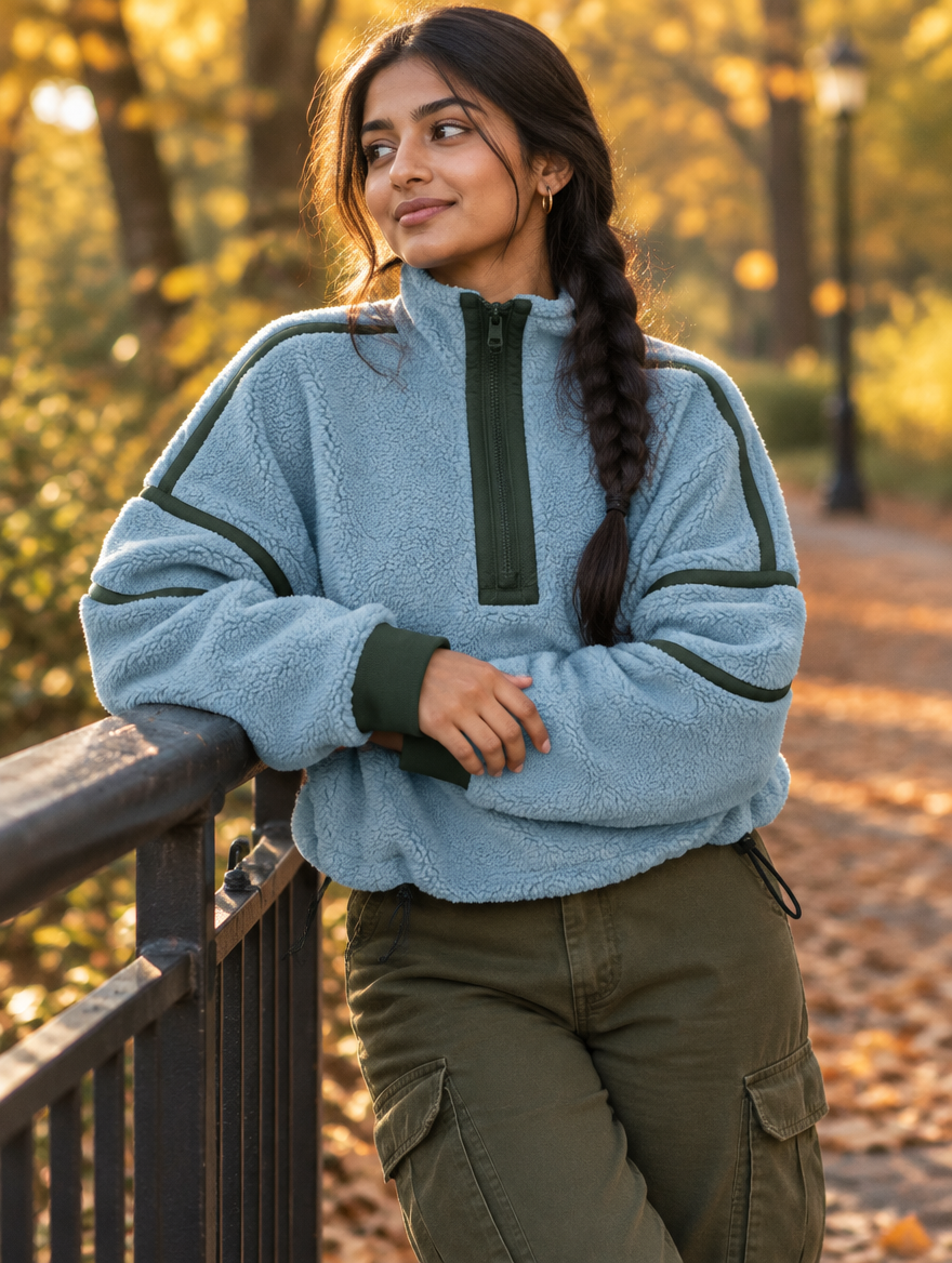 Silky Salt Ridge Half-Zip Sherpa Pullover in Dusty Blue / Forest