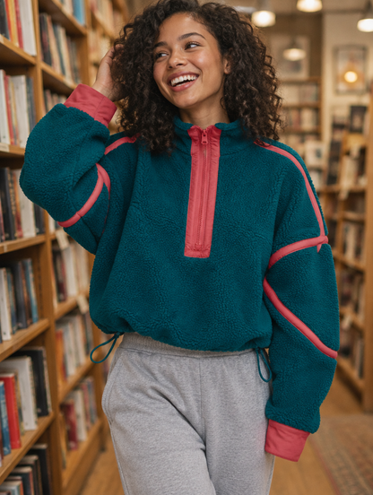 Silky Salt Ridge Half-Zip Sherpa Pullover in Teal / Red