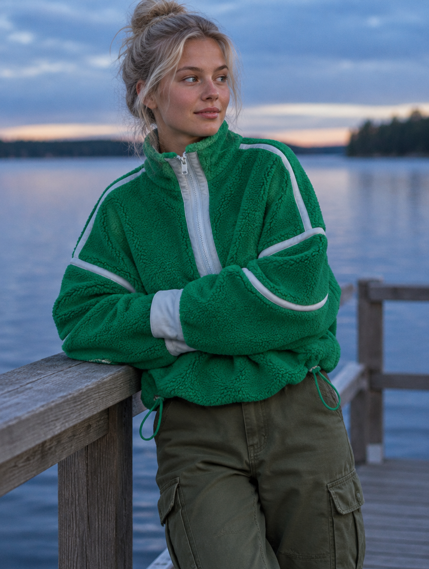 Silky Salt Ridge Half-Zip Sherpa Pullover in Emerald / Silver
