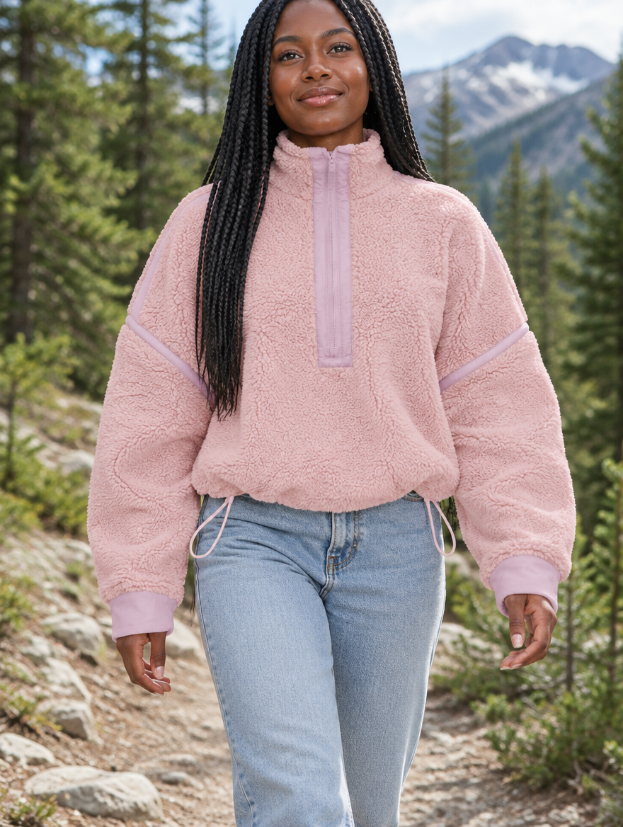 Silky Salt Ridge Half-Zip Sherpa Pullover in Blush Pink
