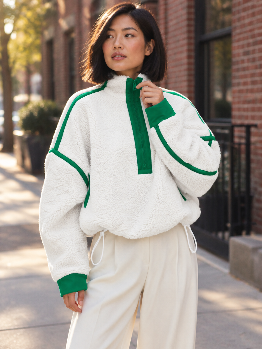 Silky Salt Ridge Half-Zip Sherpa Pullover in White / Green