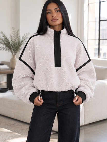 Silky Salt Ridge Half-Zip Sherpa Pullover in Ivory / Black