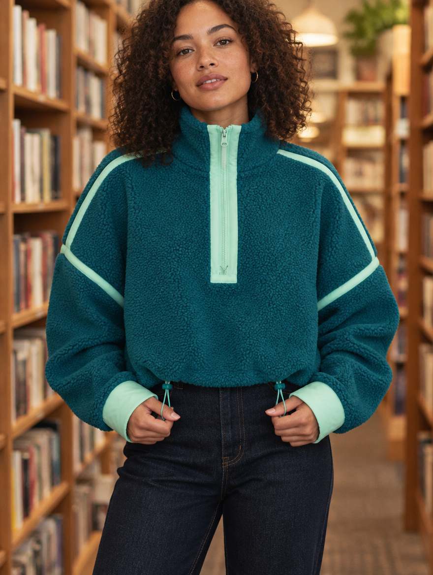 Silky Salt Ridge Half-Zip Sherpa Pullover in Deep Teal / Mint
