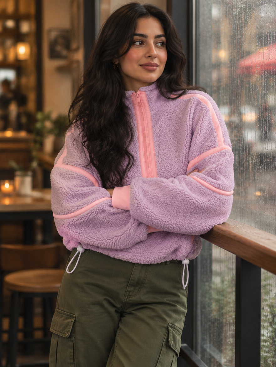 Silky Salt Ridge Half-Zip Sherpa Pullover in Lilac / Pink