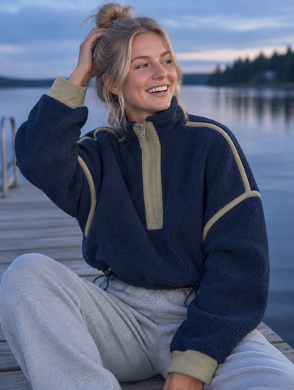 Silky Salt Ridge Half-Zip Sherpa Pullover in Navy / Khaki