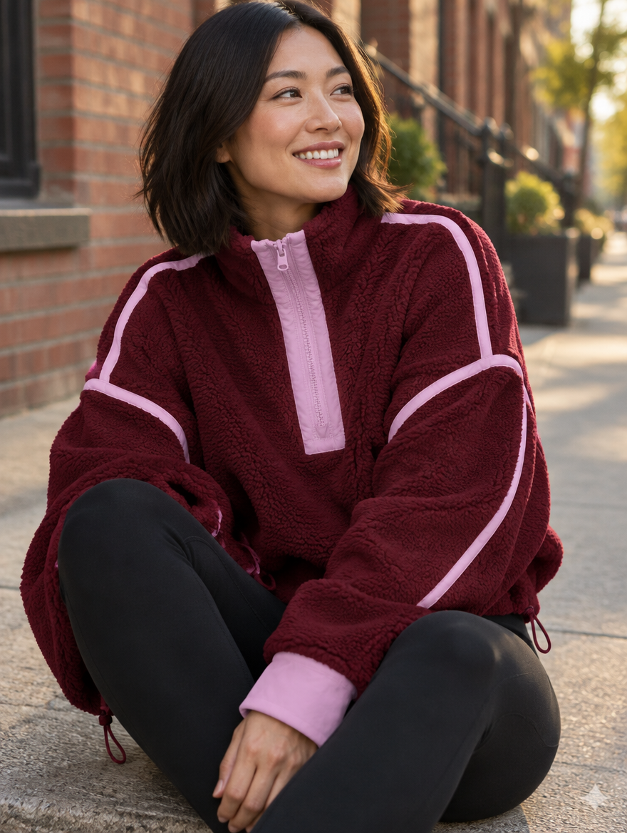 Silky Salt Ridge Half-Zip Sherpa Pullover in Burgundy / Pink