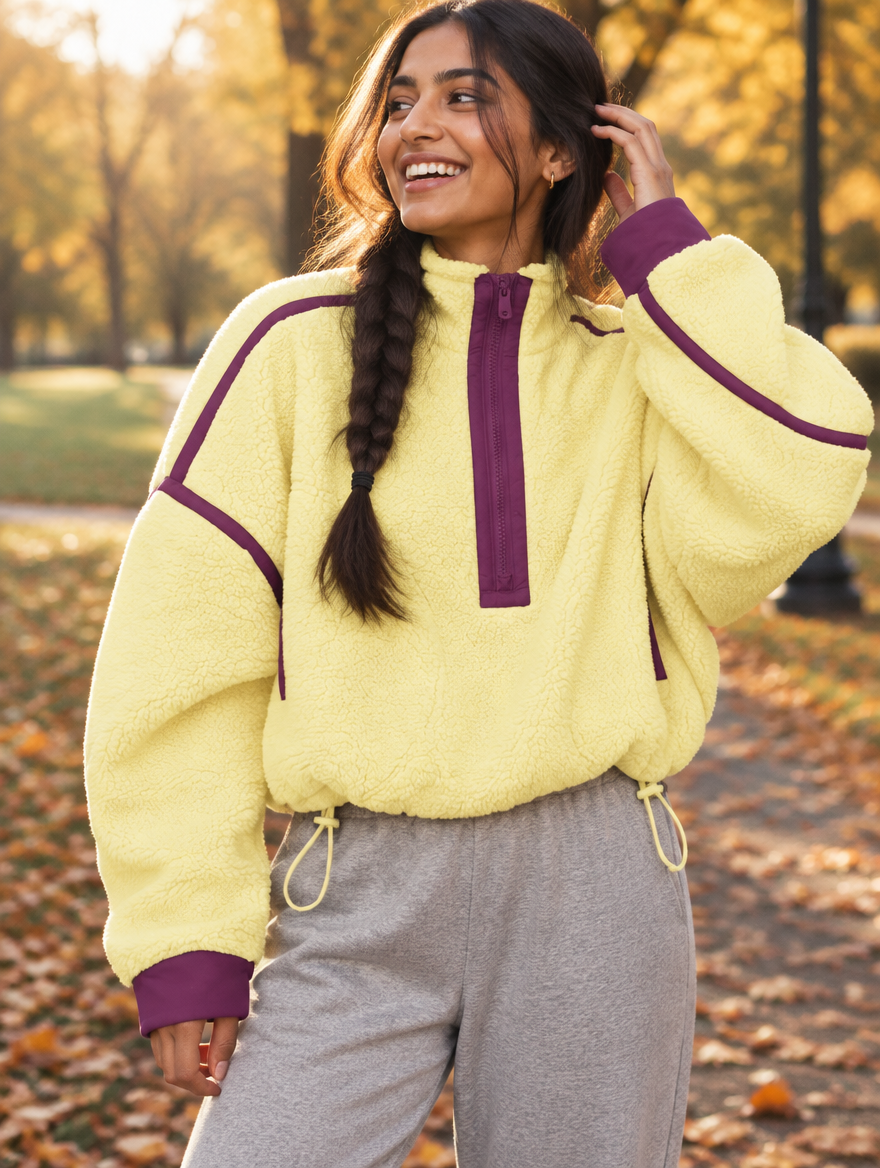 Silky Salt Ridge Half-Zip Sherpa Pullover in Butter Yellow / Plum