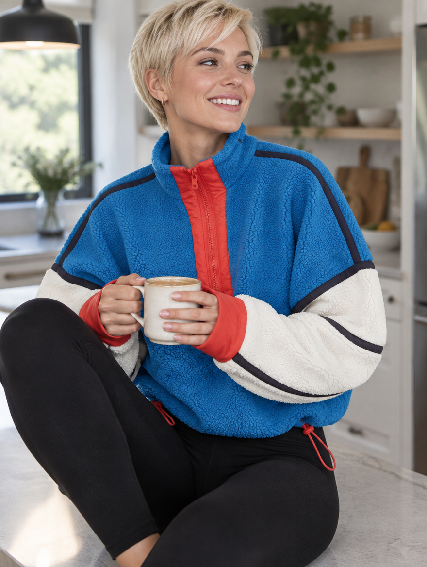 Silky Salt Ridge Half-Zip Sherpa Pullover in Blue / White Colorblock