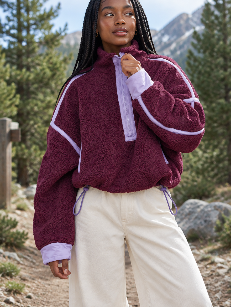Silky Salt Ridge Half-Zip Sherpa Pullover in Wine / Lilac
