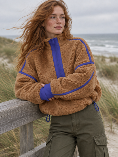 Silky Salt Ridge Half-Zip Sherpa Pullover in Caramel / Cobalt