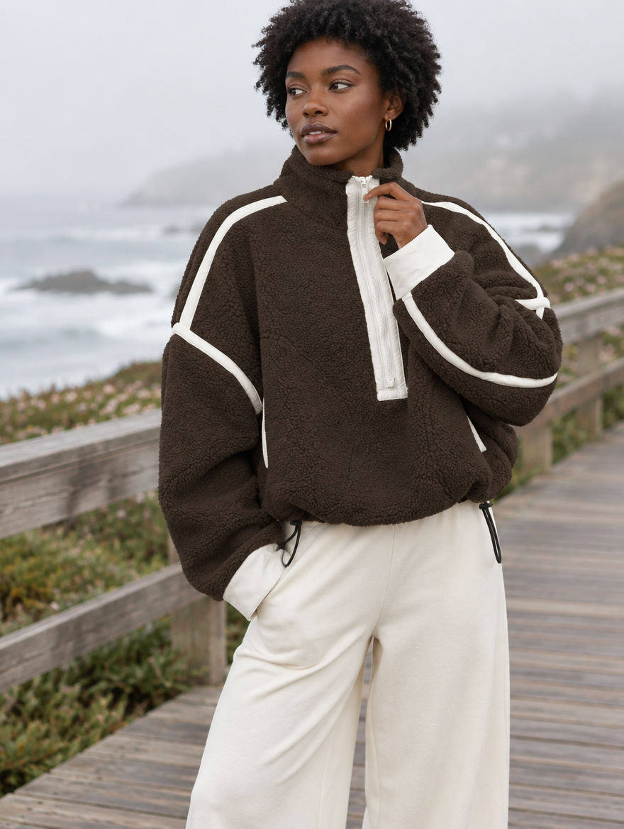 Silky Salt Ridge Half-Zip Sherpa Pullover in Espresso / White