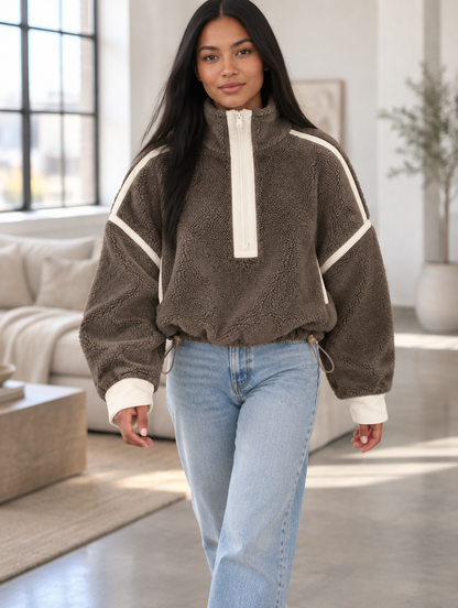 Silky Salt Ridge Half-Zip Sherpa Pullover in Cocoa / Cream