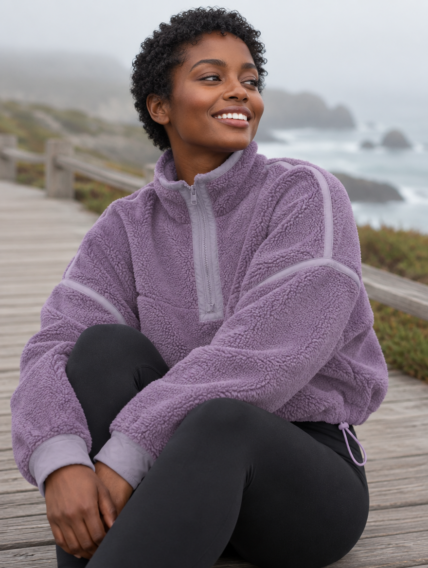Silky Salt Ridge Half-Zip Sherpa Pullover in Mauve